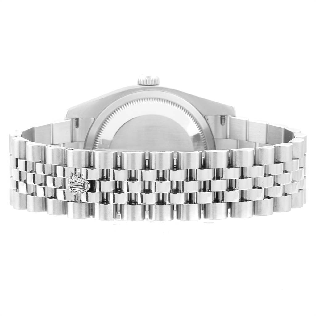 The image shows the back view of a Rolex Datejust 116200 Men
s Stainless Steel Blue Dial 116200 Men
s Stainless Steel Blue Dial watch, highlighting the case back and Jubilee bracelet.