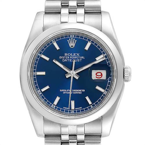 This Rolex Datejust watch is shown from a front angle, displaying its blue dial, date window, and stainless steel bracelet.