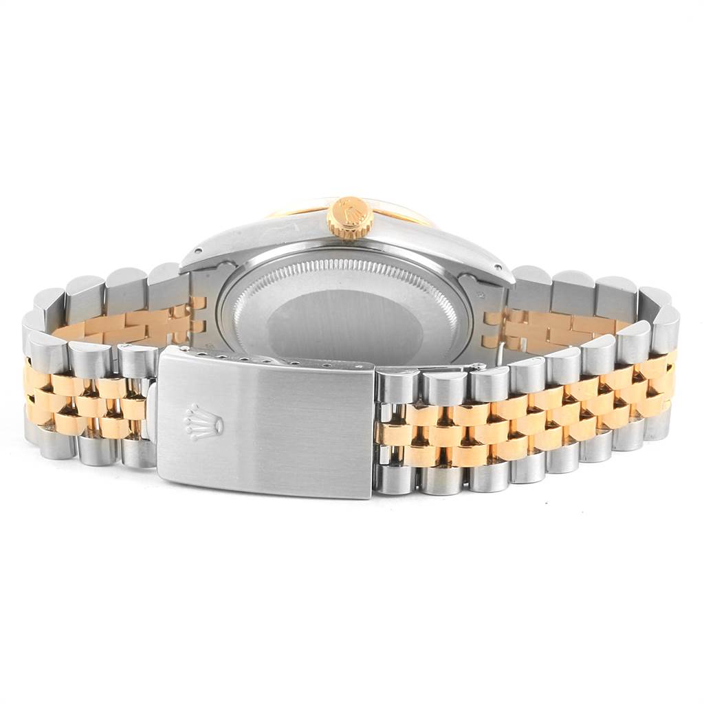 The image shows the back view of a Rolex Datejust 16013 Men's Stainless Steel Champagne Dial 16013 Men's Stainless Steel Champagne Dial watch, highlighting the case back, crown, and two-tone Jubilee bracelet.