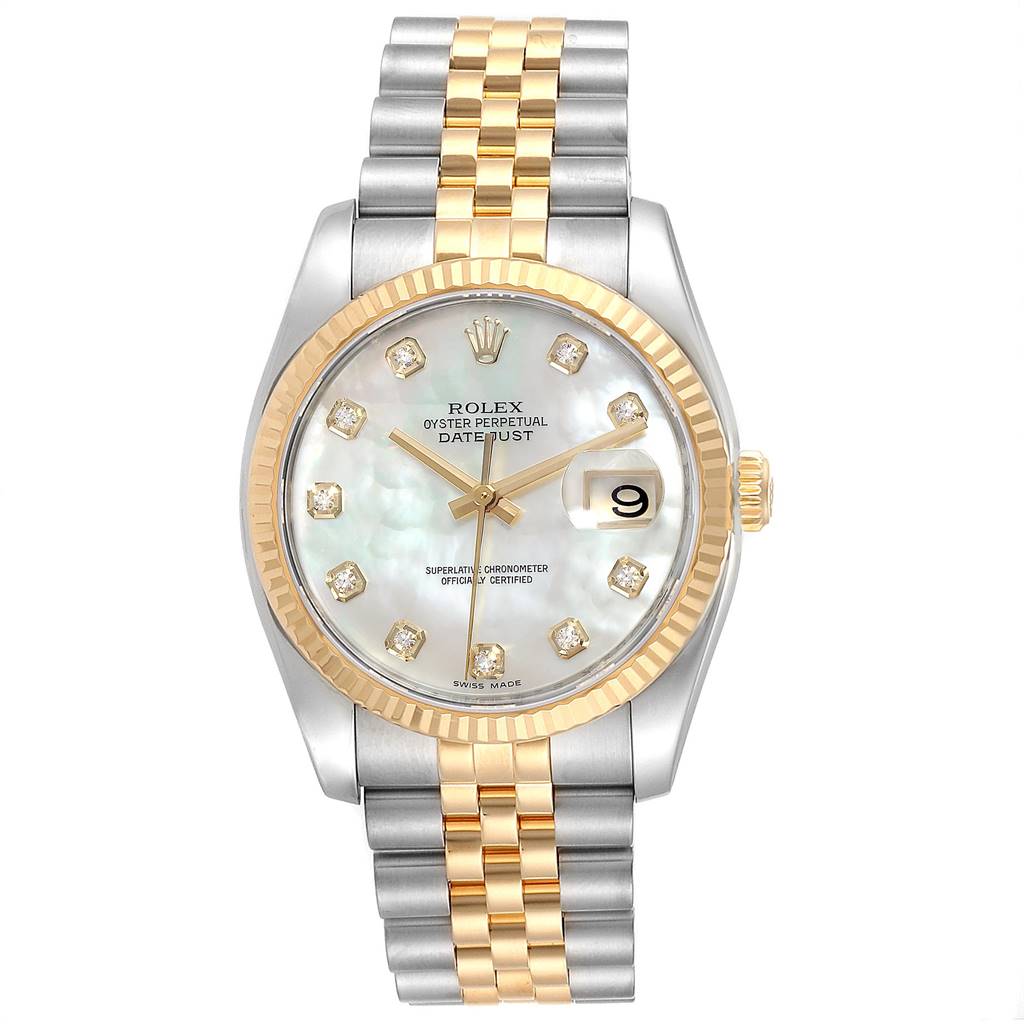 This image shows a front view of a Rolex Datejust 116233 Men
s Stainless Steel Mother of Pearl Dial 116233 Men
s Stainless Steel Mother of Pearl Dial watch, featuring a two-tone band and diamond hour markers.