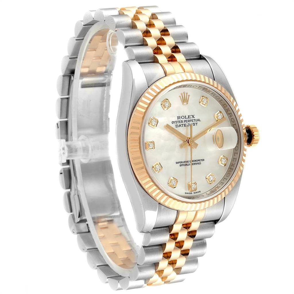 This image shows a Rolex Datejust 116233 Men
s Stainless Steel Mother of Pearl Dial 116233 Men
s Stainless Steel Mother of Pearl Dial model watch at a three-quarter angle, highlighting its two-tone bracelet and fluted bezel.