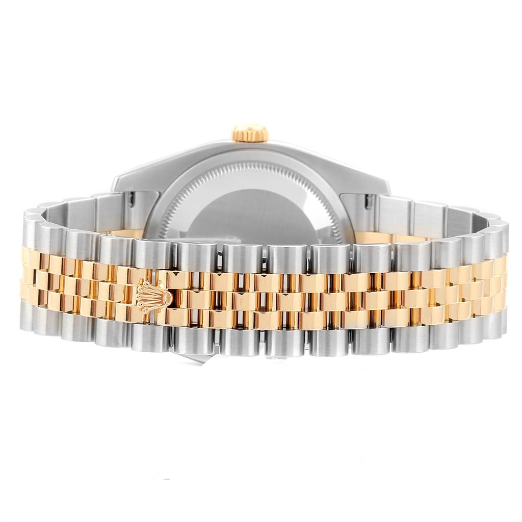 This image shows the back view of a Rolex Datejust 116233 Men
s Stainless Steel Mother of Pearl Dial 116233 Men
s Stainless Steel Mother of Pearl Dial watch, highlighting the bicolor bracelet and case back.