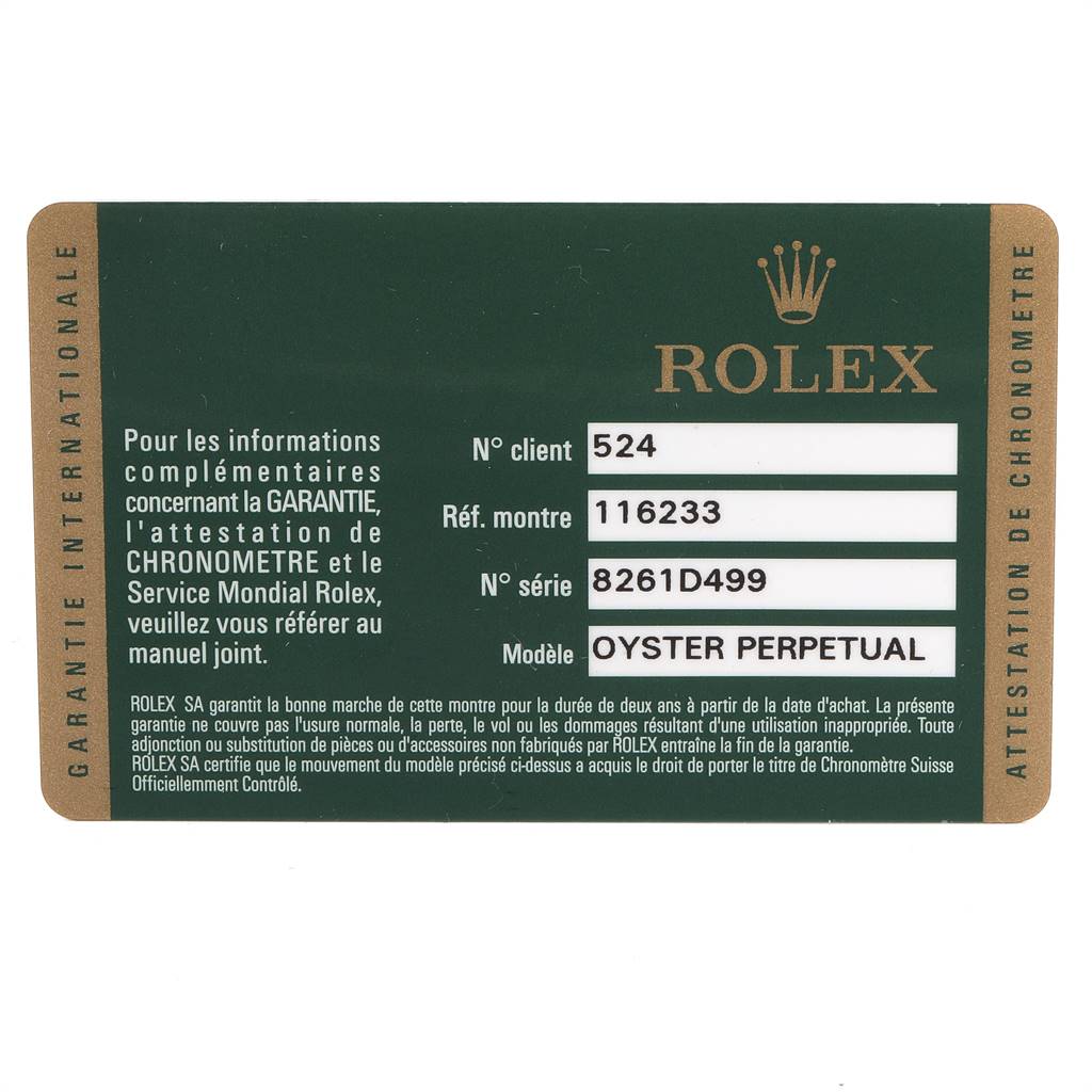 The image shows a top-down view of a Rolex Datejust 116233 Men
s Stainless Steel Mother of Pearl Dial 116233 Men
s Stainless Steel Mother of Pearl Dial warranty card for the Oyster Perpetual model.