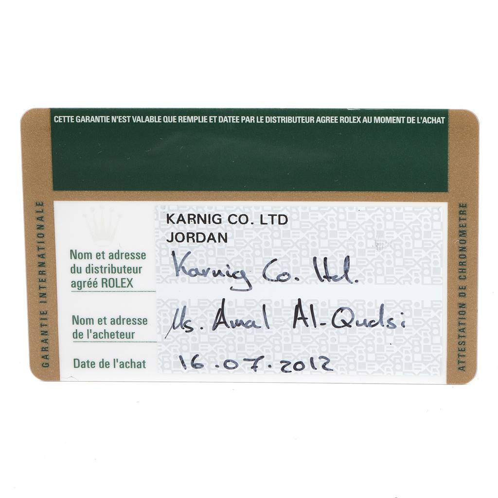 This image shows the warranty card for the Rolex Datejust 116233 Men
s Stainless Steel Mother of Pearl Dial 116233 Men
s Stainless Steel Mother of Pearl Dial model from an authorized distributor.