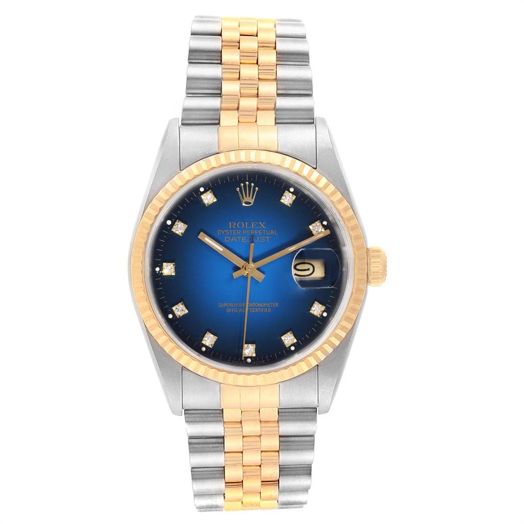 The Rolex Datejust 16233 Men
s Steel and Gold (two tone) Blue Dial 16233 Men
s Steel and Gold (two tone) Blue Dial watch is shown from the front, displaying the dial, bezel, crown, and bracelet.