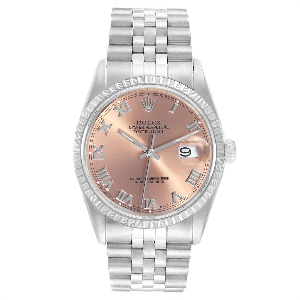 This image shows a Rolex Datejust 16220 Men's Stainless Steel Pink Dial 16220 Men's Stainless Steel Pink Dial watch from a front angle, highlighting the dial, bracelet, bezel, and date window.