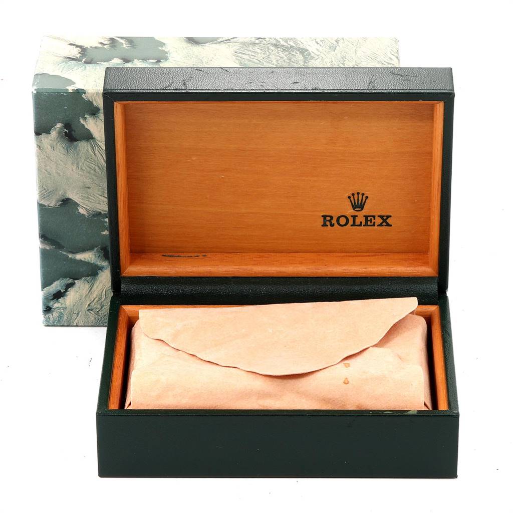 The image shows an open Rolex Datejust 16234 Men's Stainless Steel Silver Dial 16234 Men's Stainless Steel Silver Dial model box with the watch inside, wrapped in a paper covering.