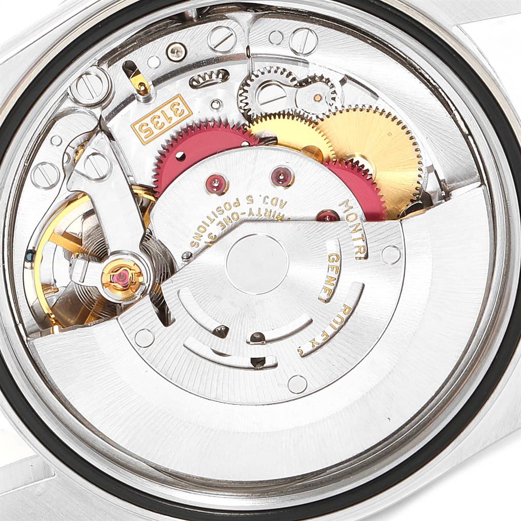 The image shows the internal movement mechanics of the Rolex Datejust 16234 Men's Stainless Steel Silver Dial 16234 Men's Stainless Steel Silver Dial watch from a close-up, back angle.