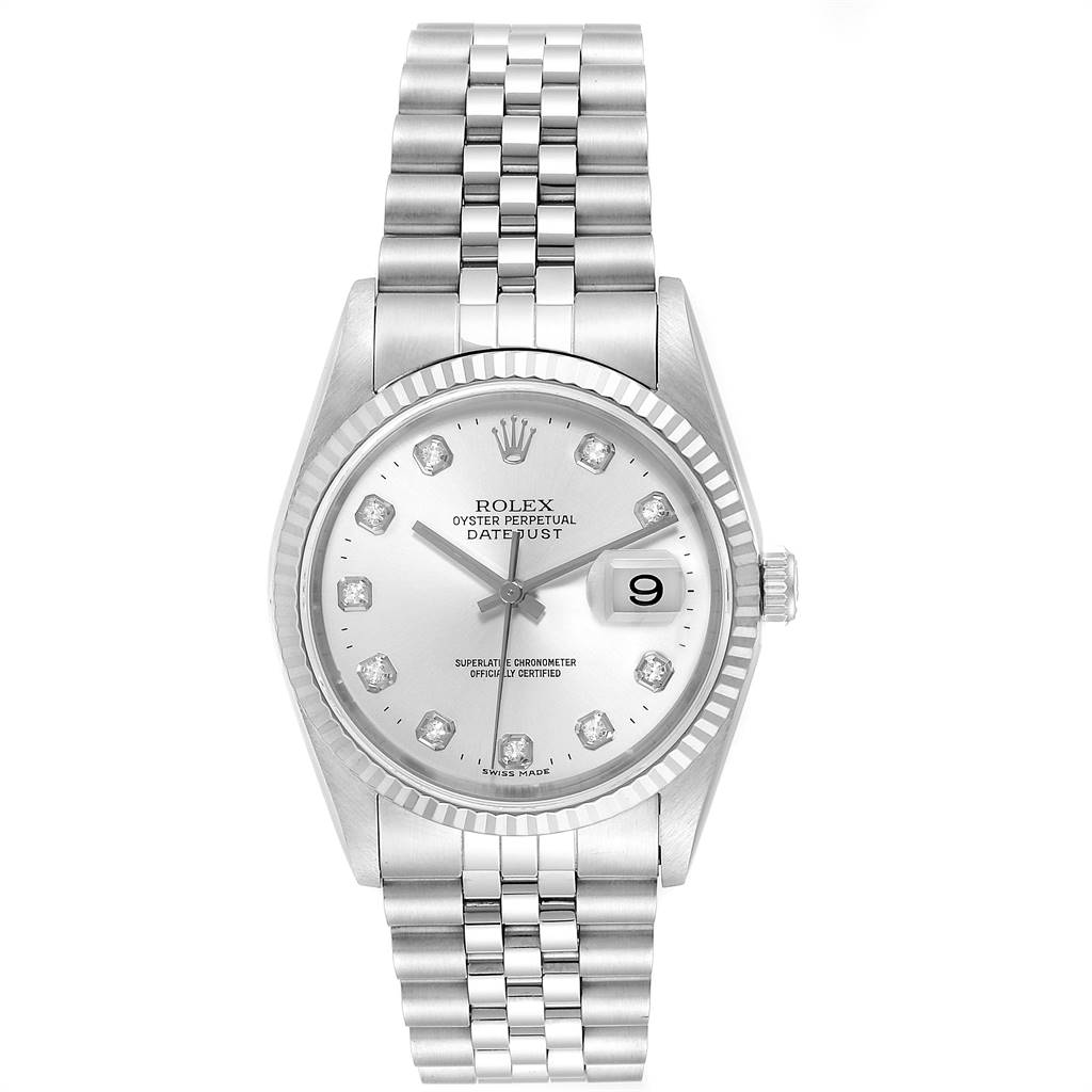 The Rolex Datejust 16234 Men's Stainless Steel Silver Dial 16234 Men's Stainless Steel Silver Dial watch is shown from a front angle, displaying its silver dial, fluted bezel, and Jubilee bracelet.