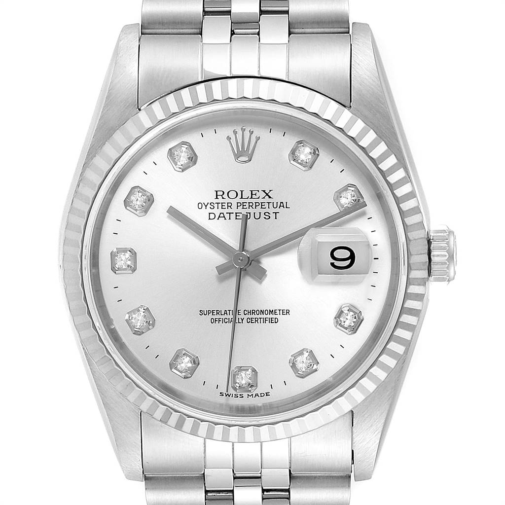 The image shows a front view of a Rolex Datejust 16234 Men's Stainless Steel Silver Dial 16234 Men's Stainless Steel Silver Dial watch, displaying the dial, hands, date window, and part of the bracelet.