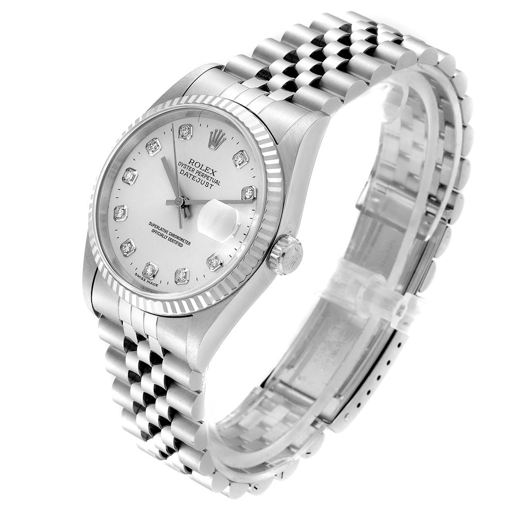 The image shows a Rolex Datejust 16234 Men's Stainless Steel Silver Dial 16234 Men's Stainless Steel Silver Dial watch at a slight angle, featuring the face, crystal, bezel, crown, and bracelet.