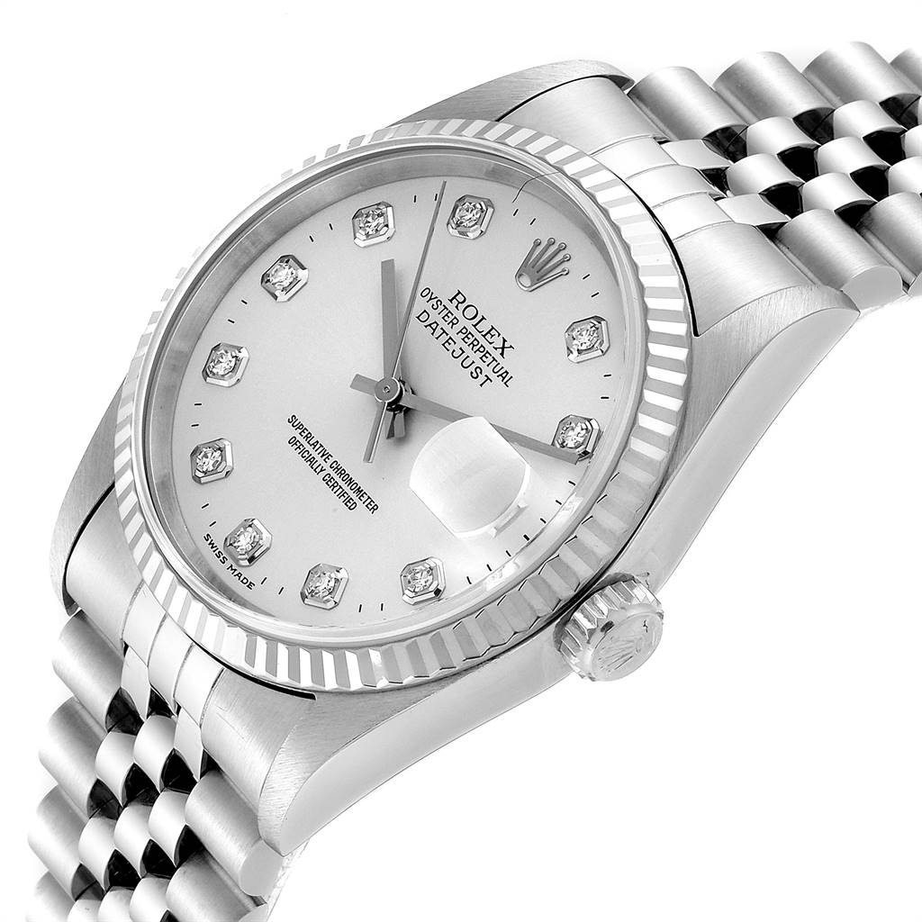 The image shows a side view angle of a Rolex Datejust 16234 Men's Stainless Steel Silver Dial 16234 Men's Stainless Steel Silver Dial, highlighting the watch face, crown, and bracelet.