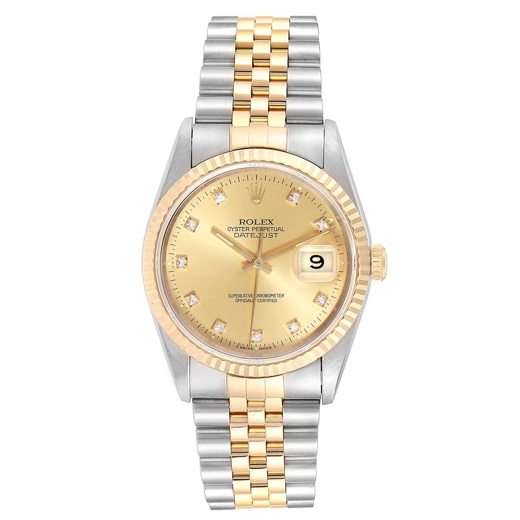 This Rolex Datejust 16233 Men
s Steel and Gold (two tone) Champagne Dial 16233 Men
s Steel and Gold (two tone) Champagne Dial watch is shown from a front view, displaying its gold dial, fluted bezel, diamond hour markers, and bicolor bracelet.