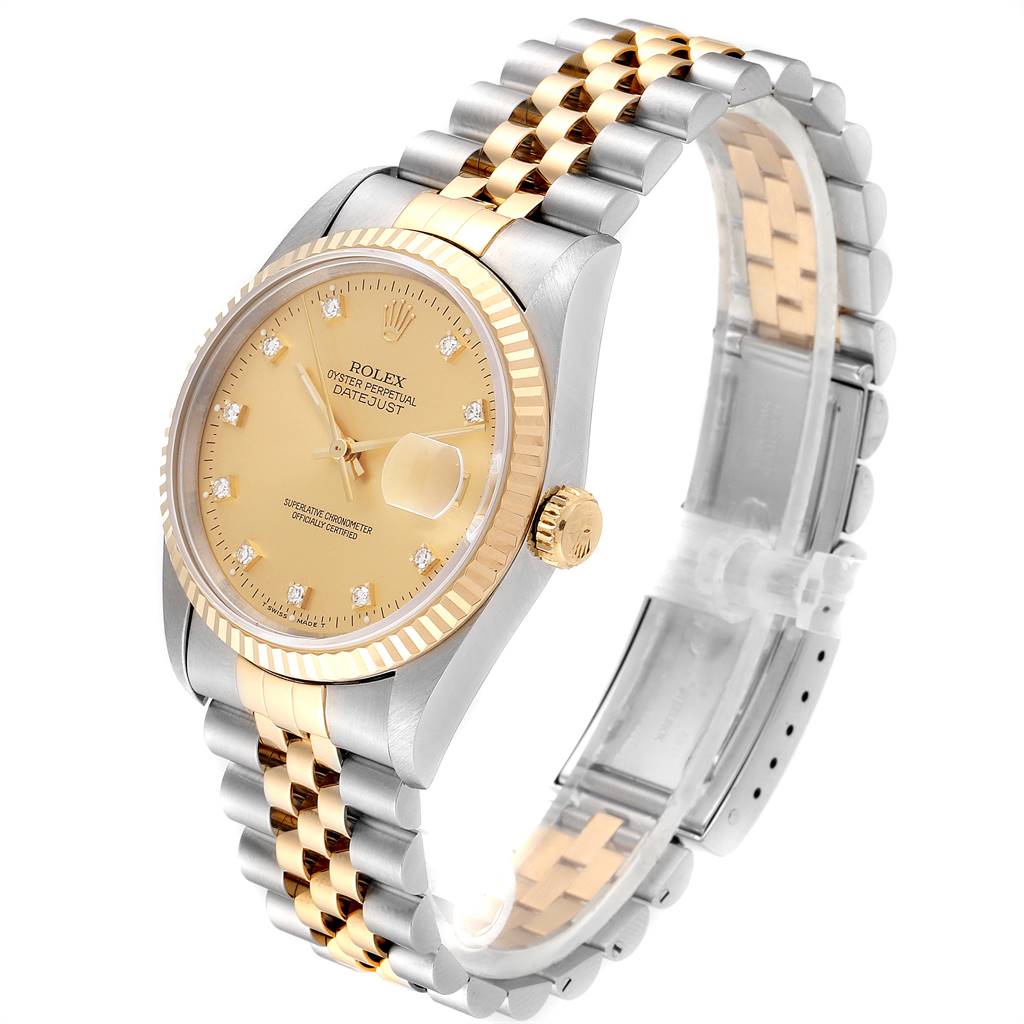 This Rolex Datejust 16233 Men
s Steel and Gold (two tone) Champagne Dial 16233 Men
s Steel and Gold (two tone) Champagne Dial watch is shown at an angled view displaying the dial, bezel, crown, and jubilee bracelet.