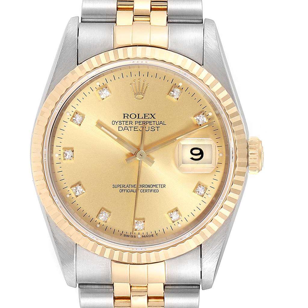 Rolex Datejust Steel 18K Yellow Gold Diamond Dial Mens Watch 16233 ...