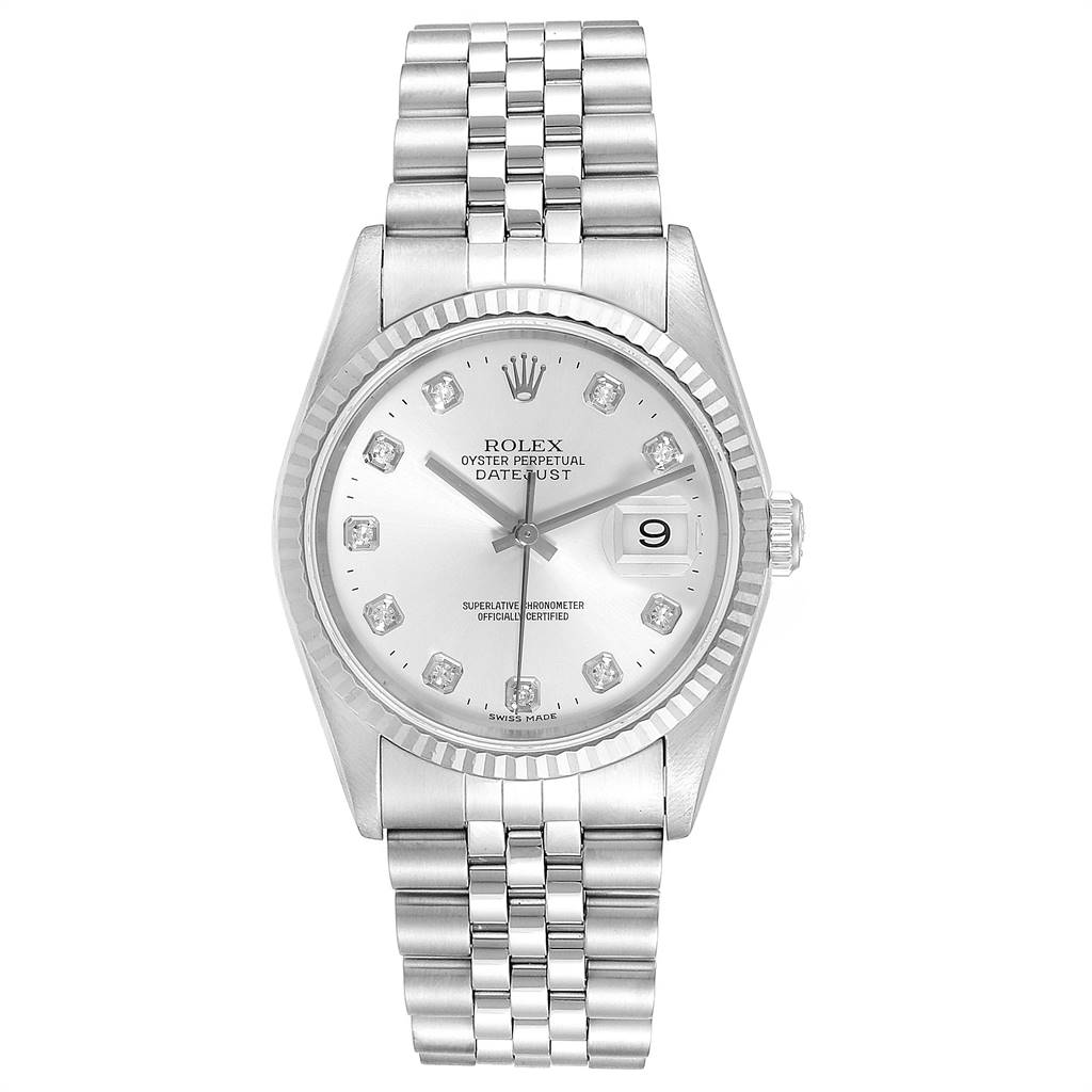 This image shows a front view of the Rolex Datejust 16234 Men's Stainless Steel Silver Dial 16234 Men's Stainless Steel Silver Dial watch, highlighting the bracelet, dial, bezel, and crown.