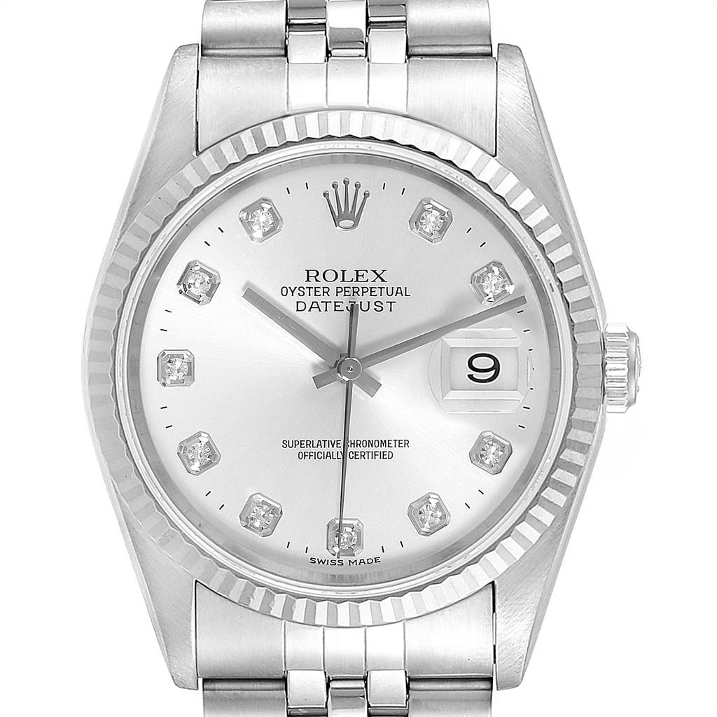 This image shows the front view of a Rolex Datejust 16234 Men's Stainless Steel Silver Dial 16234 Men's Stainless Steel Silver Dial watch, highlighting the dial, hands, hour markers, and part of the bracelet.