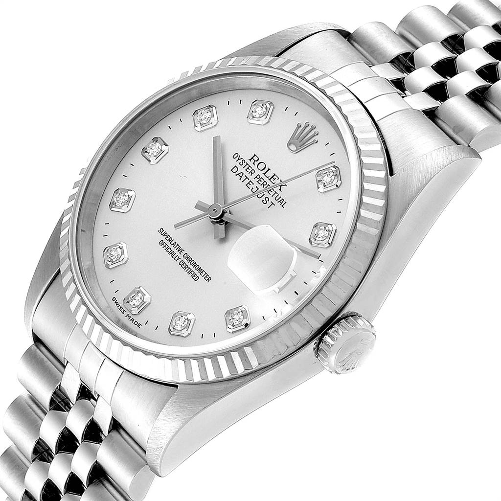 The Rolex Datejust 16234 Men's Stainless Steel Silver Dial 16234 Men's Stainless Steel Silver Dial watch is shown at an angle highlighting the dial, bezel, crown, and part of the bracelet.