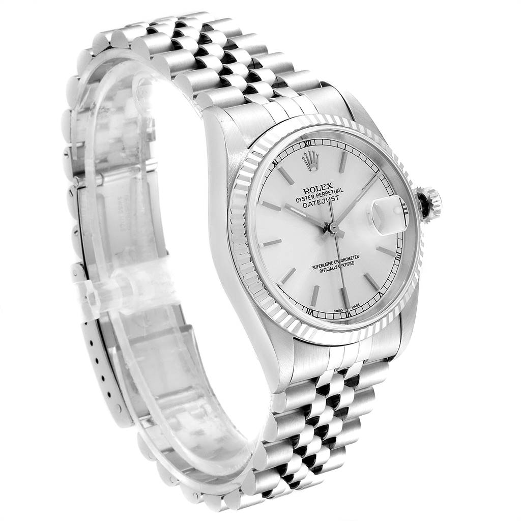 The image shows a Rolex Datejust 16234 Men's Stainless Steel Silver Dial 16234 Men's Stainless Steel Silver Dial watch angled to display the dial, bracelet, crown, and fluted bezel.