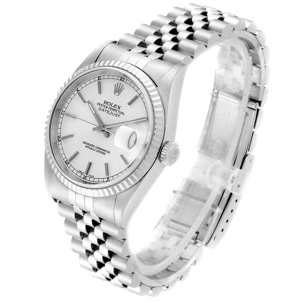 The image shows a Rolex Datejust 16234 Men's Stainless Steel Silver Dial 16234 Men's Stainless Steel Silver Dial watch at a 3/4 angle, highlighting the dial, fluted bezel, and Jubilee bracelet.
