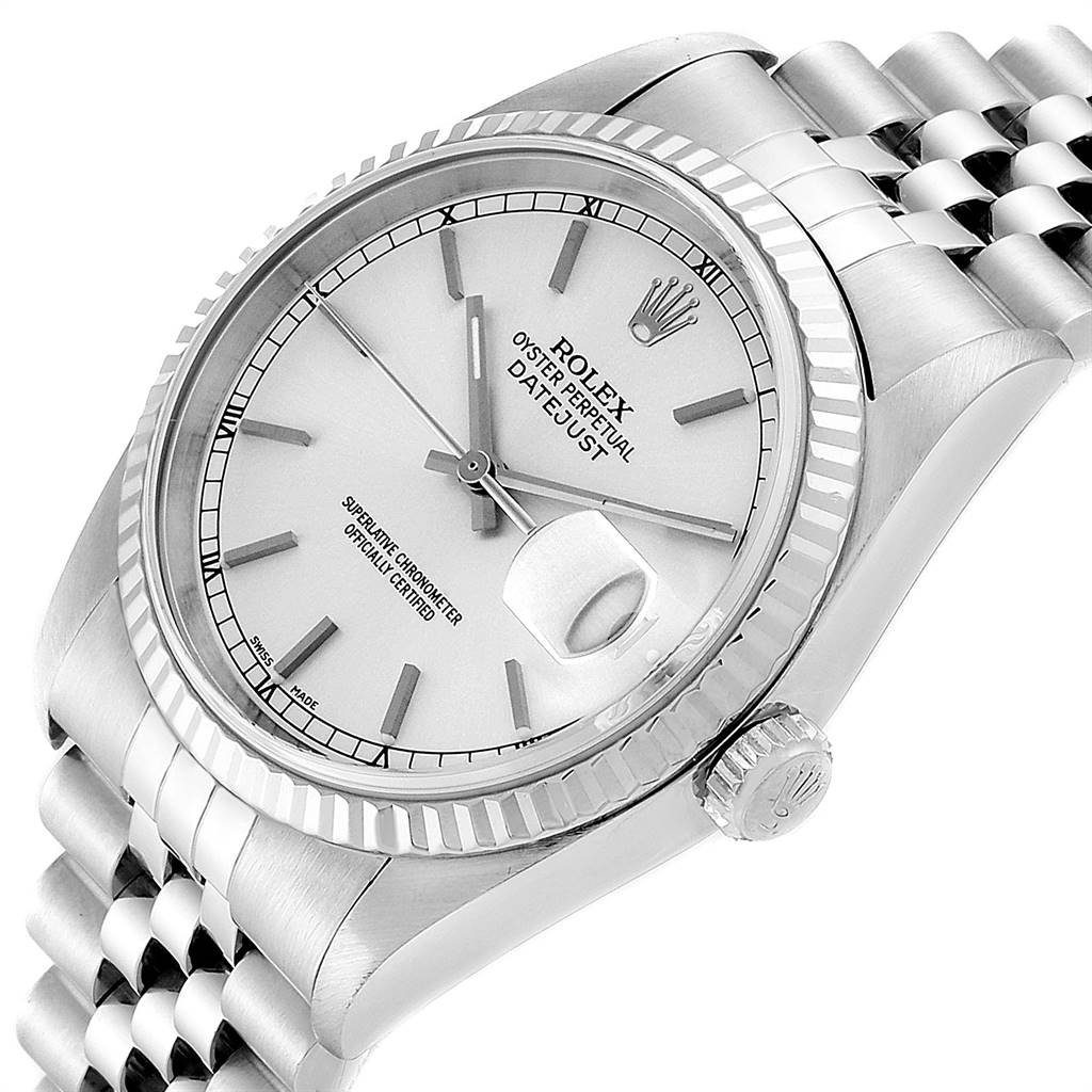 The image shows a Rolex Datejust 16234 Men's Stainless Steel Silver Dial 16234 Men's Stainless Steel Silver Dial watch at a slight angle, highlighting its dial, bezel, and bracelet.