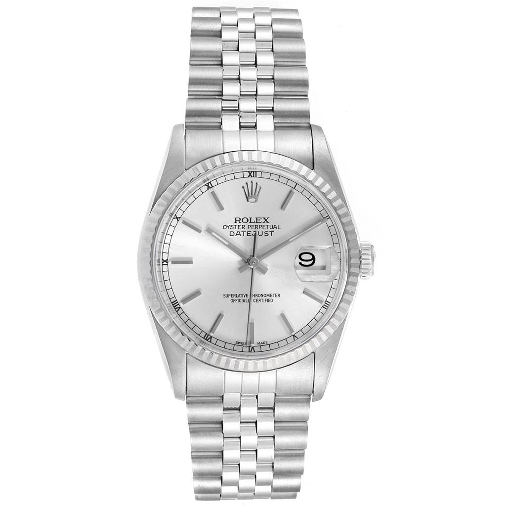 This image shows a front view of a Rolex Datejust 16234 Men's Stainless Steel Silver Dial 16234 Men's Stainless Steel Silver Dial watch, highlighting the dial, bezel, and bracelet.