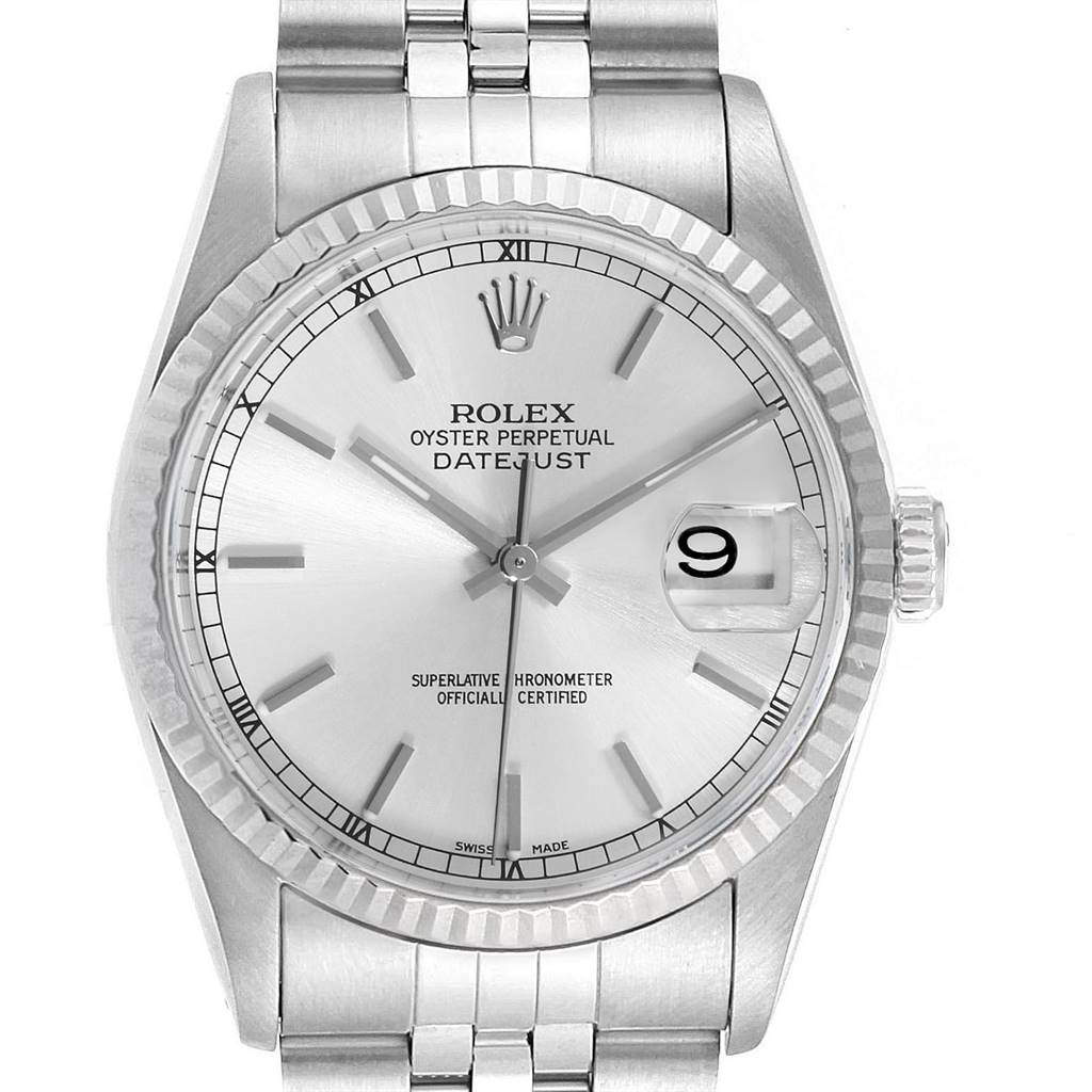 This image shows a front view of a Rolex Datejust 16234 Men's Stainless Steel Silver Dial 16234 Men's Stainless Steel Silver Dial watch, featuring its dial, hands, date display, and bracelet.