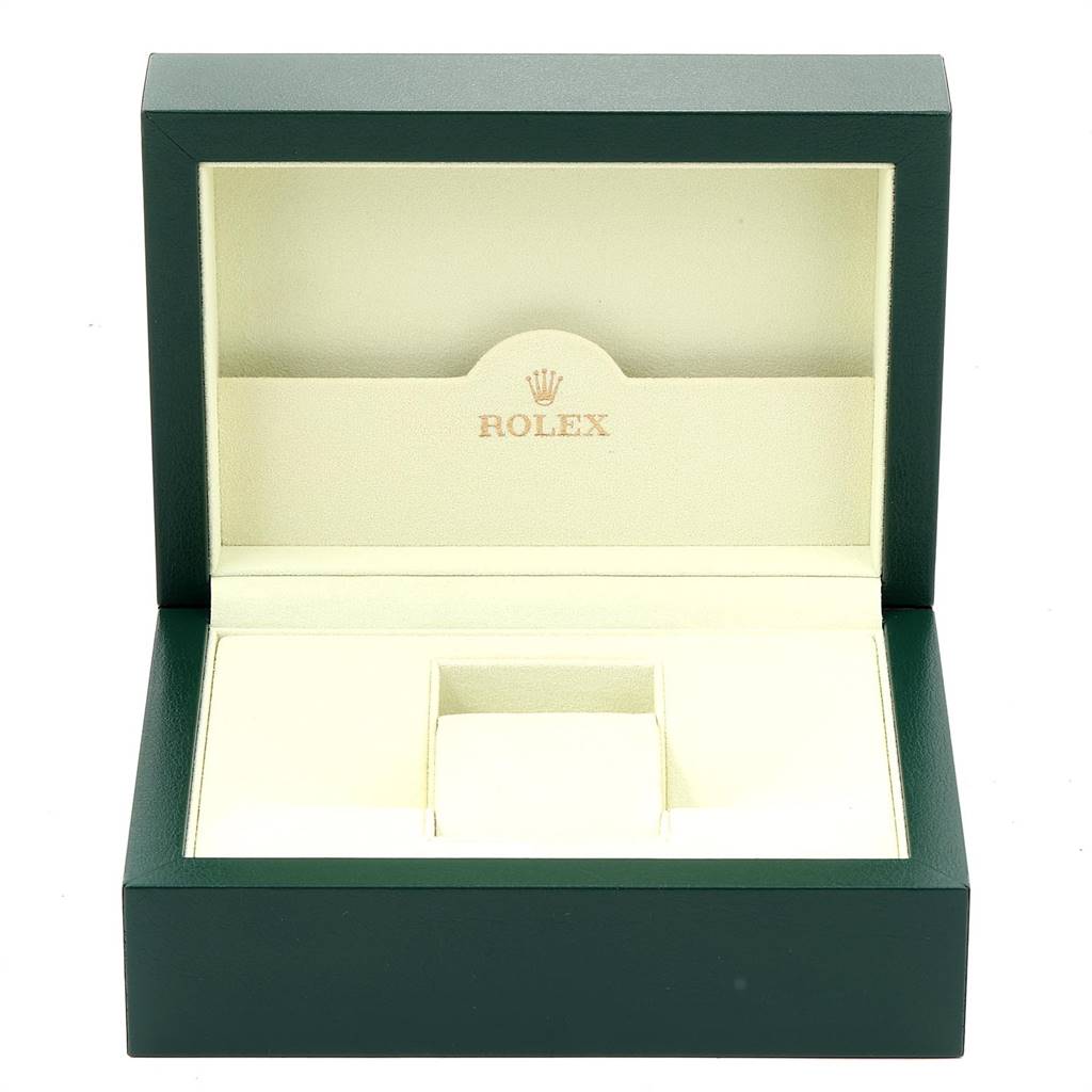 This image shows an open Rolex Datejust 116233 Men's Stainless Steel Mother of Pearl Dial 116233 Men's Stainless Steel Mother of Pearl Dial watch box with its logo inside, viewed from the front.