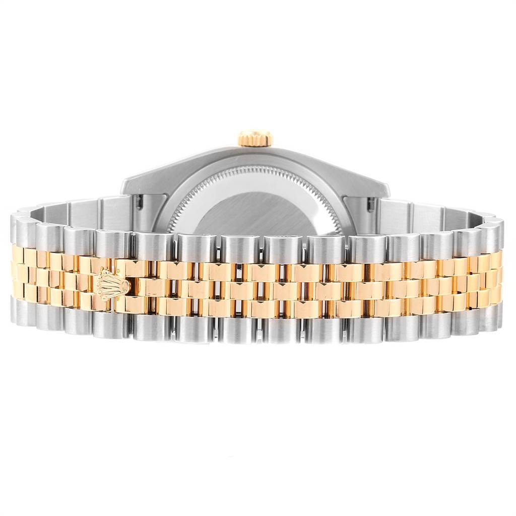 This image shows the back view of a Rolex Datejust 116233 Men's Stainless Steel Mother of Pearl Dial 116233 Men's Stainless Steel Mother of Pearl Dial, highlighting its two-tone Jubilee bracelet and case back.