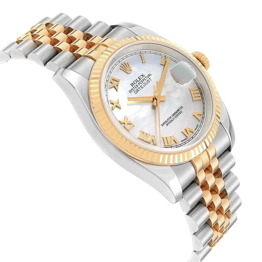 The image shows a side-angle view of a Rolex Datejust 116233 Men's Stainless Steel Mother of Pearl Dial 116233 Men's Stainless Steel Mother of Pearl Dial watch, highlighting the dial, fluted bezel, and jubilee bracelet.