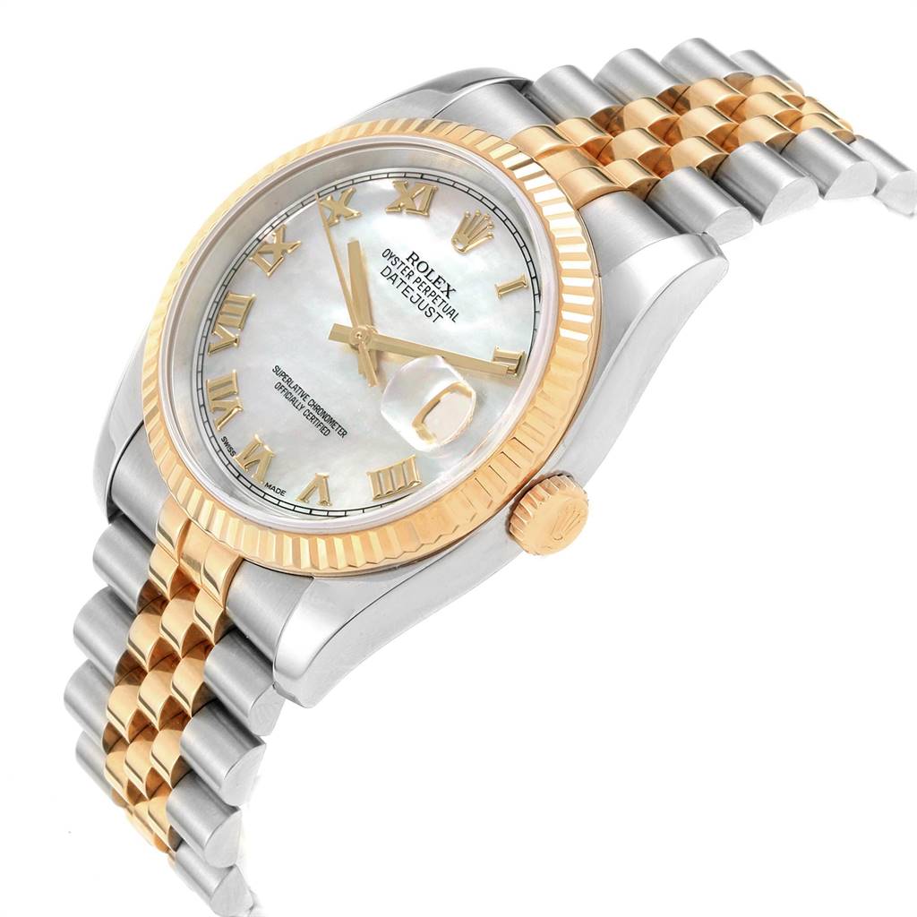 This Rolex Datejust 116233 Men's Stainless Steel Mother of Pearl Dial 116233 Men's Stainless Steel Mother of Pearl Dial watch is shown at a slight side angle, highlighting the dial, fluted bezel, crown, and two-tone bracelet.