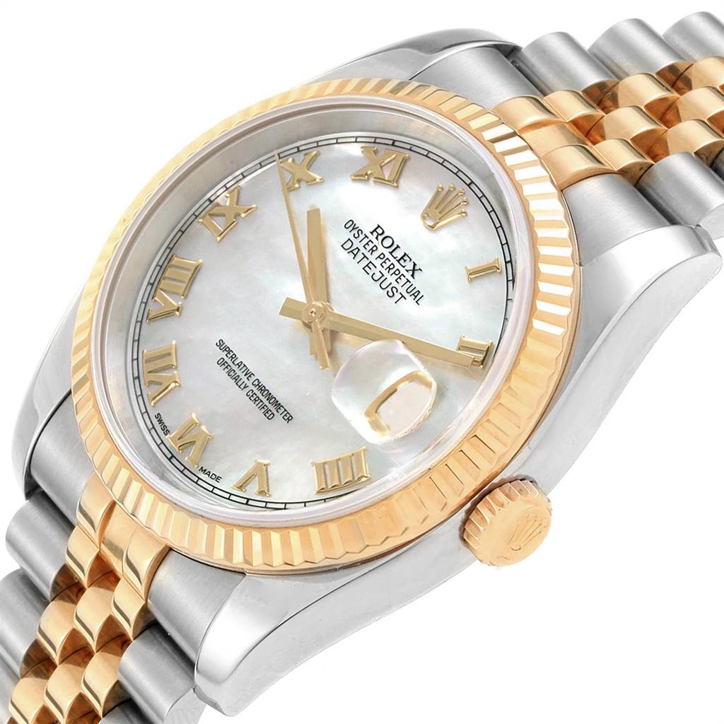 This Rolex Datejust 116233 Men's Stainless Steel Mother of Pearl Dial 116233 Men's Stainless Steel Mother of Pearl Dial watch is shown from a front left angle, highlighting the dial, bezel, crown, and bracelet.