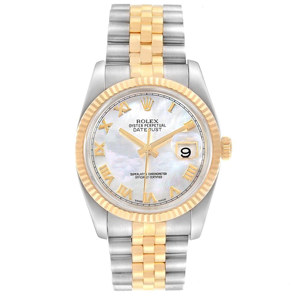 This image shows a frontal view of a Rolex Datejust 116233 Men's Stainless Steel Mother of Pearl Dial 116233 Men's Stainless Steel Mother of Pearl Dial watch with a two-tone metal bracelet and a mother-of-pearl dial.