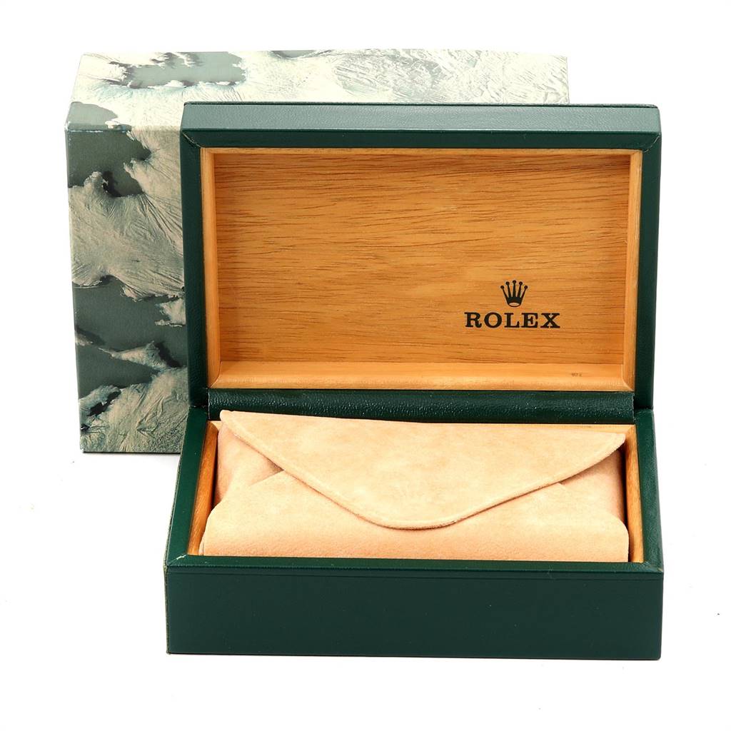 The image shows an open green Rolex box with wood interior and cushion, typically used for the Rolex Datejust 16233 Men's Steel and Gold (two tone) Beige Dial 16233 Men's Steel and Gold (two tone) Beige Dial model.