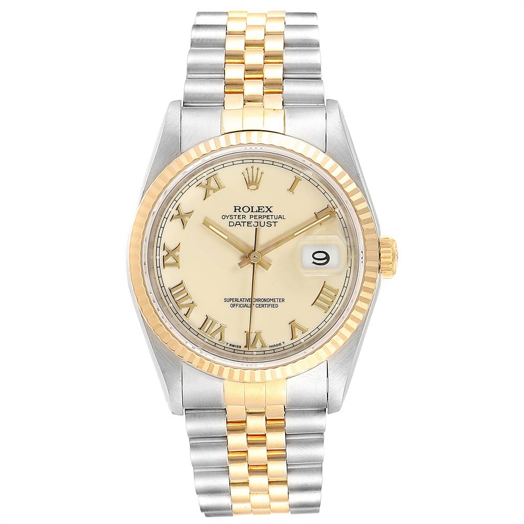 This Rolex Datejust 16233 Men's Steel and Gold (two tone) Beige Dial 16233 Men's Steel and Gold (two tone) Beige Dial watch is shown from the front, highlighting its dial, bezel, and two-tone bracelet.