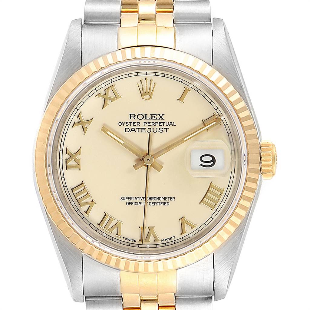 The image shows a front view of a Rolex Datejust 16233 Men's Steel and Gold (two tone) Beige Dial 16233 Men's Steel and Gold (two tone) Beige Dial watch, displaying the dial, bezel, and part of the bracelet.
