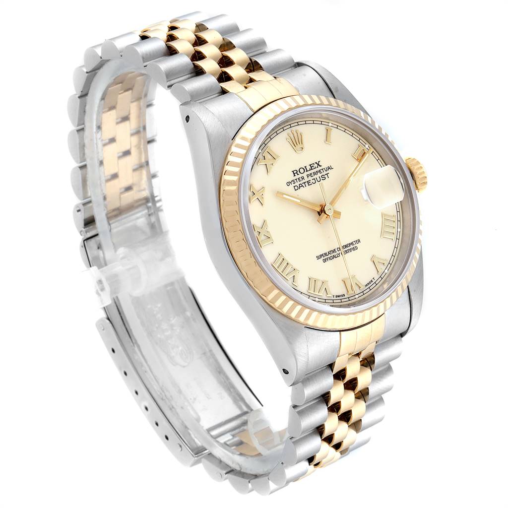 The Rolex Datejust 16233 Men's Steel and Gold (two tone) Beige Dial 16233 Men's Steel and Gold (two tone) Beige Dial watch is shown from a slight angle, displaying the bezel, dial, crown, and bracelet.