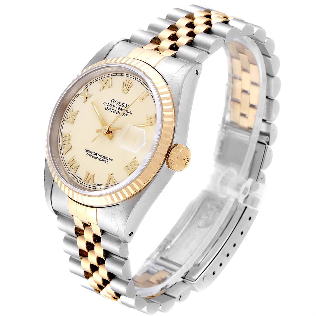 This image shows a Rolex Datejust 16233 Men's Steel and Gold (two tone) Beige Dial 16233 Men's Steel and Gold (two tone) Beige Dial watch from an angled view, highlighting its bezel, dial, crown, and two-tone bracelet.