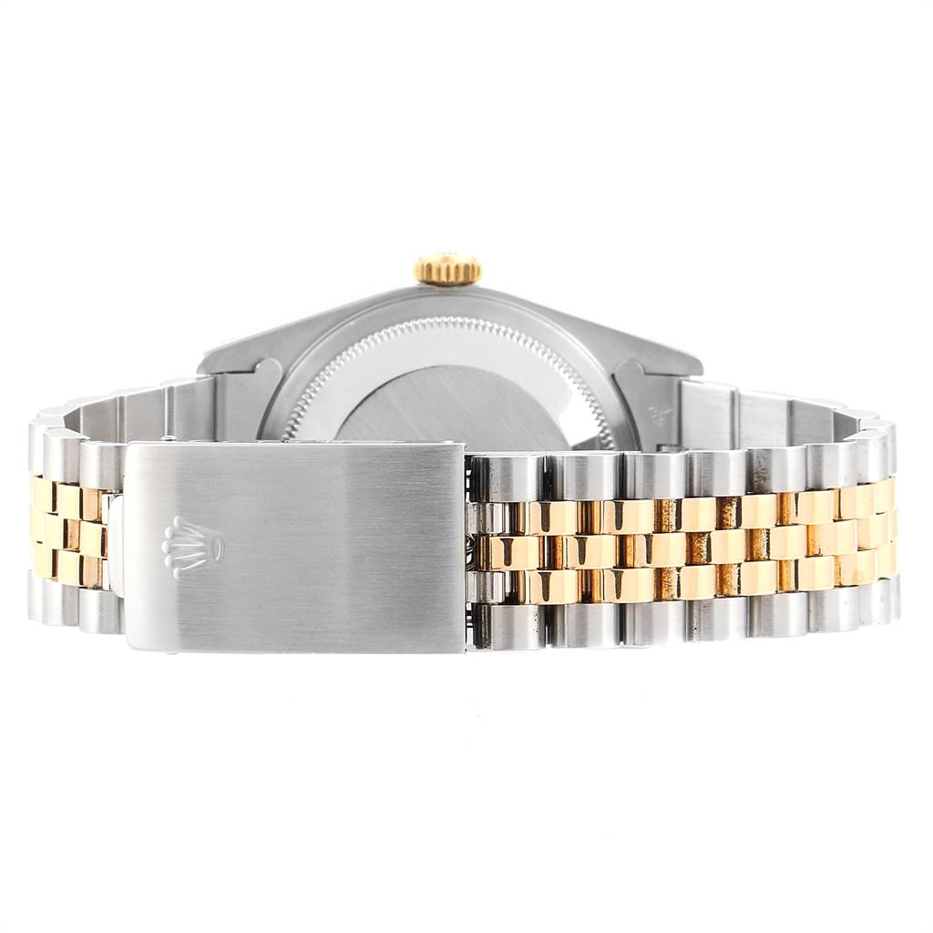 This image shows the back view of a Rolex Datejust 16233 Men's Steel and Gold (two tone) Beige Dial 16233 Men's Steel and Gold (two tone) Beige Dial watch, highlighting the case back and two-tone Jubilee bracelet with clasp.