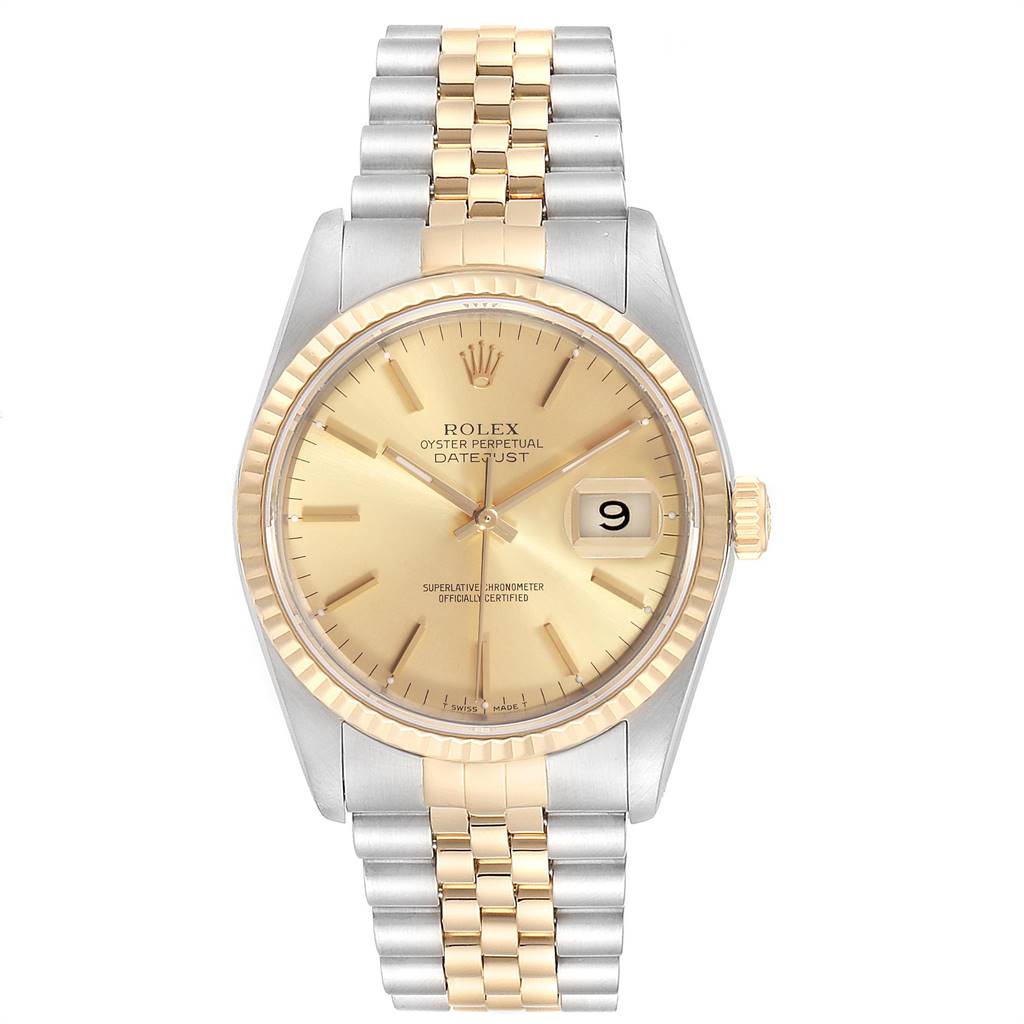 The image shows a Rolex Datejust 16233 Men's Steel and Gold (two tone) Champagne Dial 16233 Men's Steel and Gold (two tone) Champagne Dial watch from the front, including the dial, bezel, crown, and two-tone bracelet.