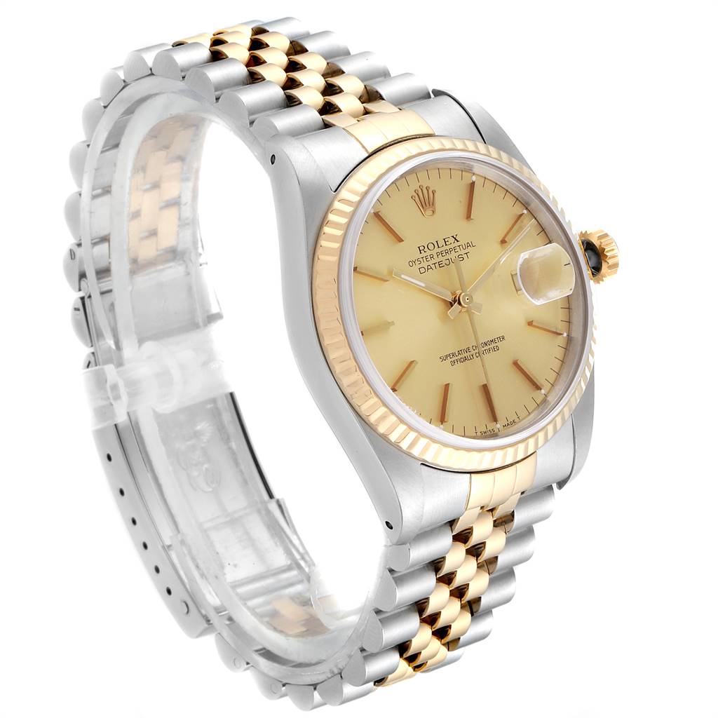This image shows a Rolex Datejust 16233 Men's Steel and Gold (two tone) Champagne Dial 16233 Men's Steel and Gold (two tone) Champagne Dial watch from a side angle, highlighting the face, bezel, and jubilee bracelet.