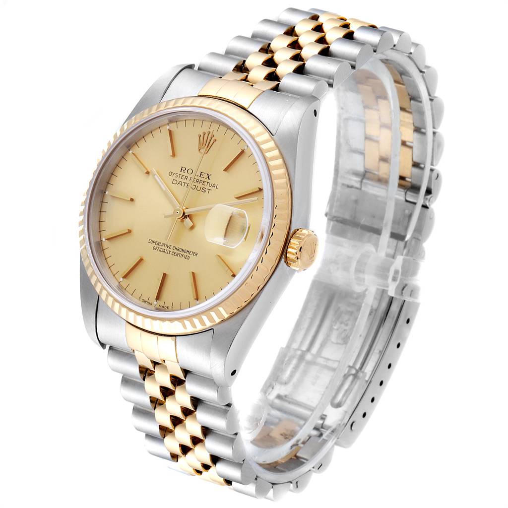 This Rolex Datejust 16233 Men's Steel and Gold (two tone) Champagne Dial 16233 Men's Steel and Gold (two tone) Champagne Dial watch is shown at a slight angle, displaying the dial, bezel, crown, and two-tone Jubilee bracelet.