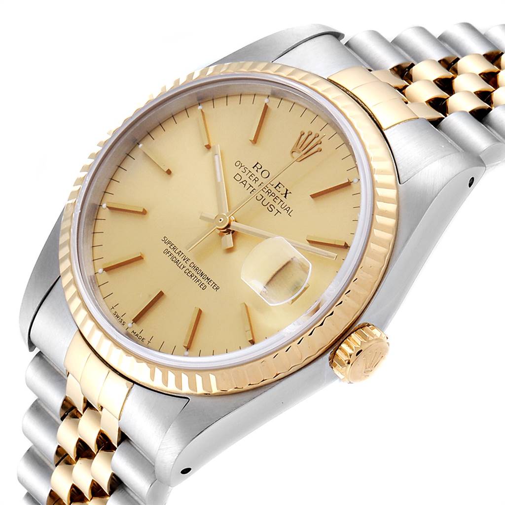 The Rolex Datejust 16233 Men's Steel and Gold (two tone) Champagne Dial 16233 Men's Steel and Gold (two tone) Champagne Dial watch is shown at a side angle, displaying the face, crown, and part of the jubilee bracelet.