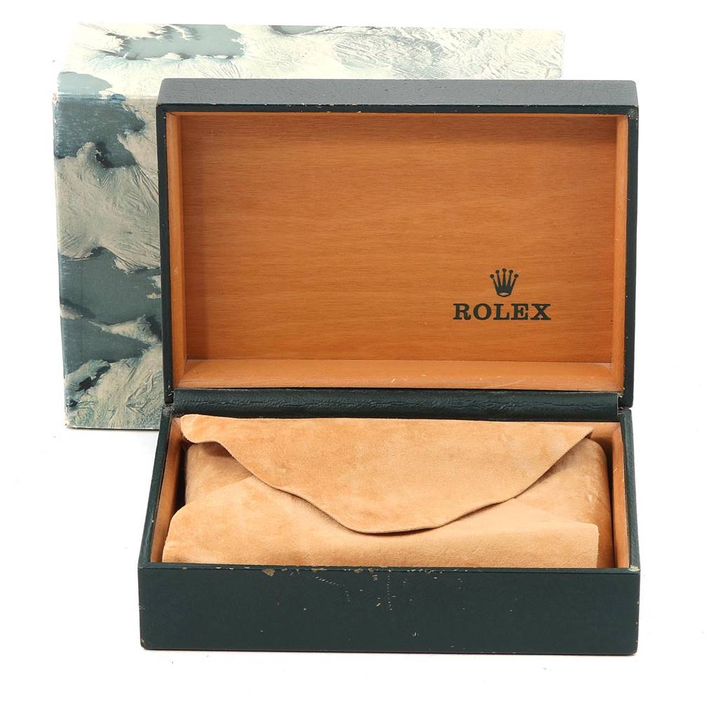 The image shows a Rolex Datejust 16233 Men's Steel and Gold (two tone) Champagne Dial 16233 Men's Steel and Gold (two tone) Champagne Dial watch box and packaging, including an opened wooden box with a suede pouch inside.