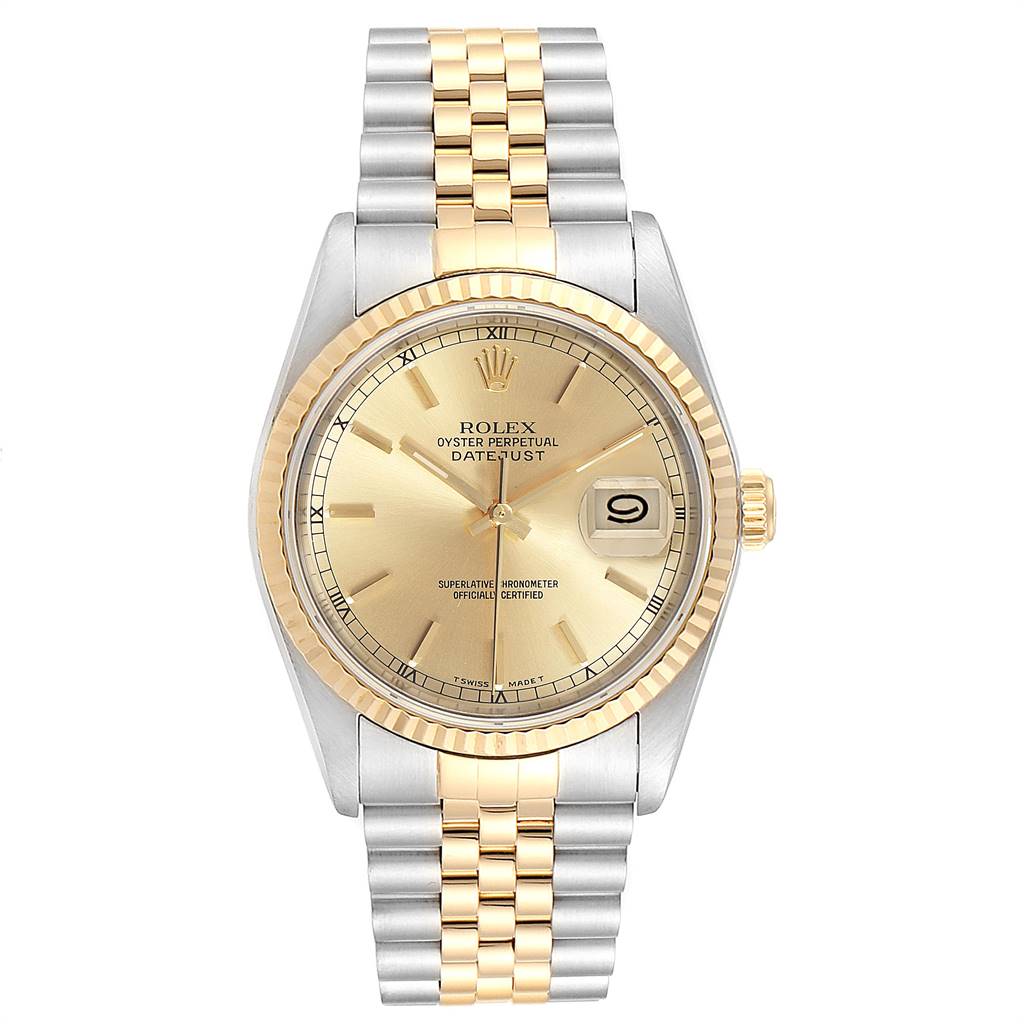 This Rolex Datejust 16233 Men's Steel and Gold (two tone) Champagne Dial 16233 Men's Steel and Gold (two tone) Champagne Dial watch is shown from a front angle, highlighting its gold dial, two-tone bracelet, and date window.