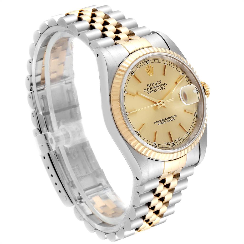The Rolex Datejust 16233 Men's Steel and Gold (two tone) Champagne Dial 16233 Men's Steel and Gold (two tone) Champagne Dial watch is shown at an angle, highlighting its face, bezel, and two-tone bracelet.