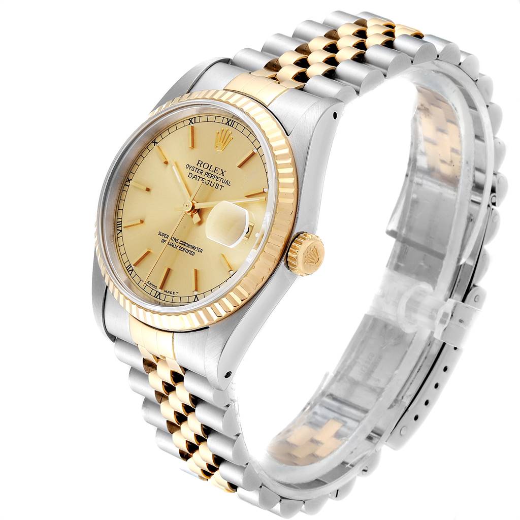 The Rolex Datejust 16233 Men's Steel and Gold (two tone) Champagne Dial 16233 Men's Steel and Gold (two tone) Champagne Dial watch is shown at a three-quarter angle, highlighting the dial, bezel, crown, and bracelet.