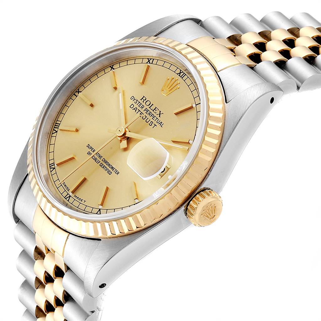 The image shows an angled view of a Rolex Datejust 16233 Men's Steel and Gold (two tone) Champagne Dial 16233 Men's Steel and Gold (two tone) Champagne Dial, highlighting its face, bezel, and partial bracelet.