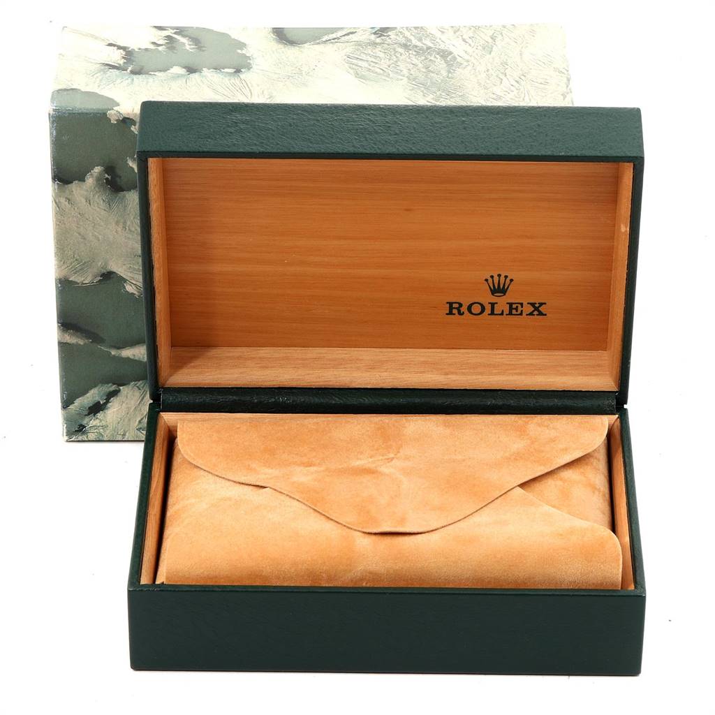 The image shows an open Rolex Datejust 16233 Men's Steel and Gold (two tone) Champagne Dial 16233 Men's Steel and Gold (two tone) Champagne Dial watch box with a leather pouch inside.