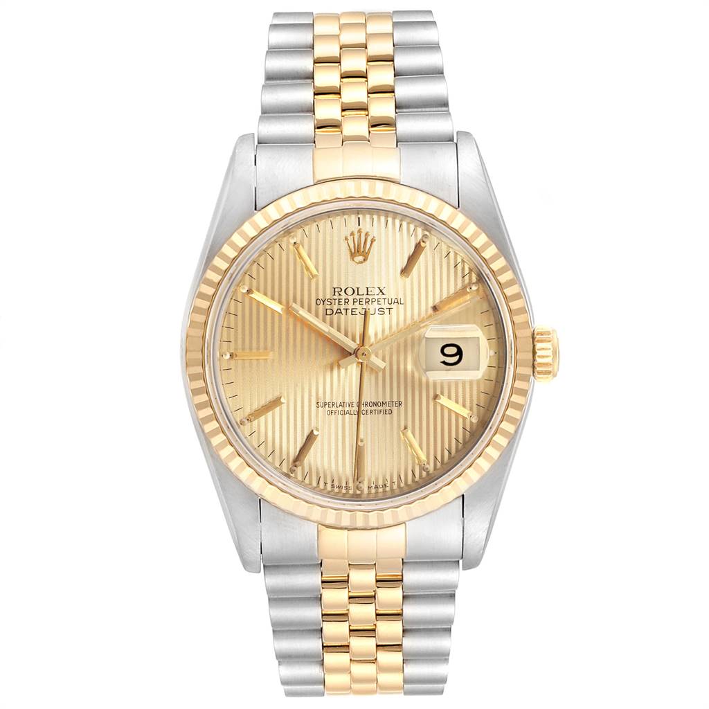 The image shows a front view of a Rolex Datejust 16233 Men's Steel and Gold (two tone) Champagne Dial 16233 Men's Steel and Gold (two tone) Champagne Dial watch highlighting the dial, bezel, and two-tone bracelet.
